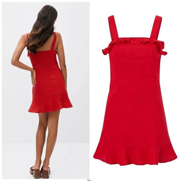 Mango Red Pure Linen Sheath Ruffle Peplum Mini Dress - Picture 2 of 9